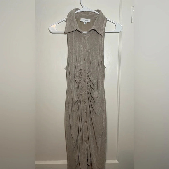 Mable Beige Ruched Button Front Collared Sleeveless Mini-Dress size M - Picture 3 of 7